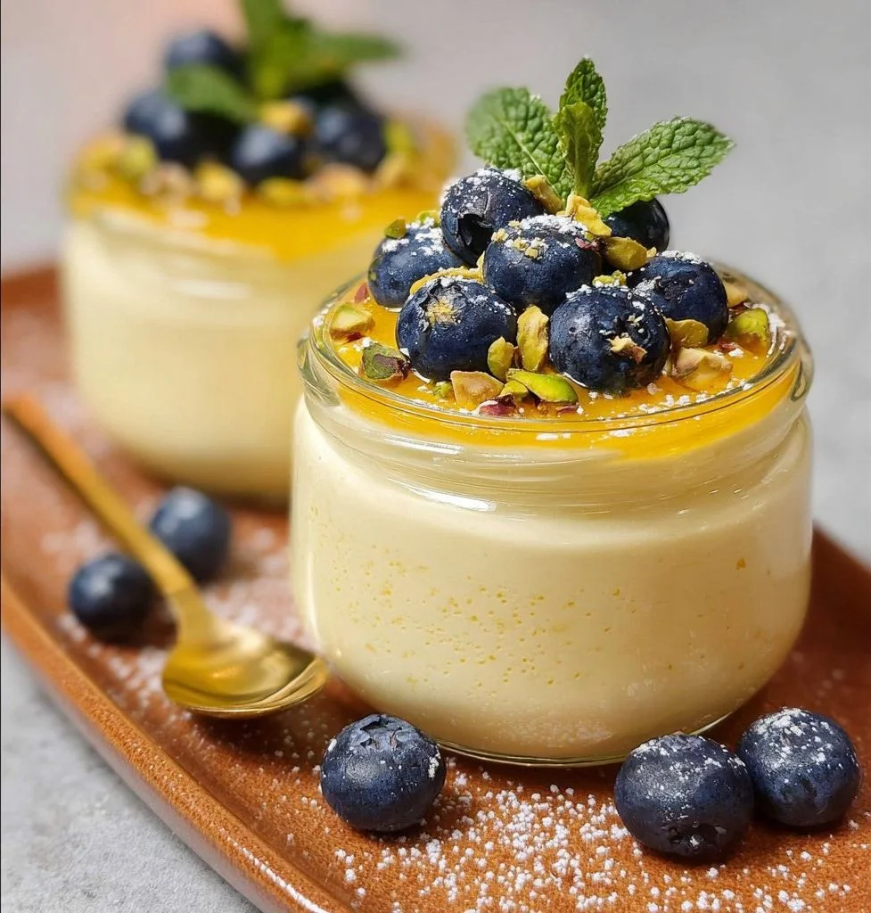 Citroenen Curd Mousse met Bosbessen en Pistachenoten als verfrissend dessert