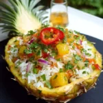 Fruitige rijstsalade in de ananas geserveerd