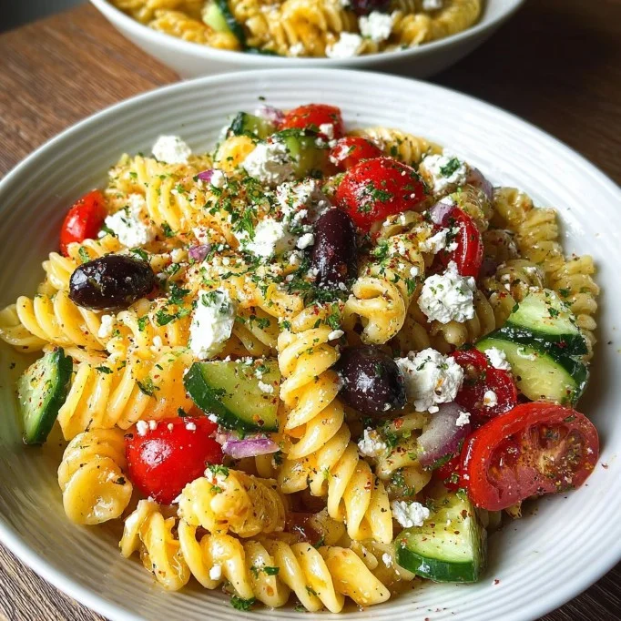 Heerlijke Griekse pastasalade met feta, groenten en kruiden.