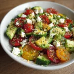 Frisse komkommer tomaat avocado salade met feta op een bord