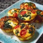 Koolhydraatarme ei-muffins met spinazie, tomaat en mozzarella op een bord