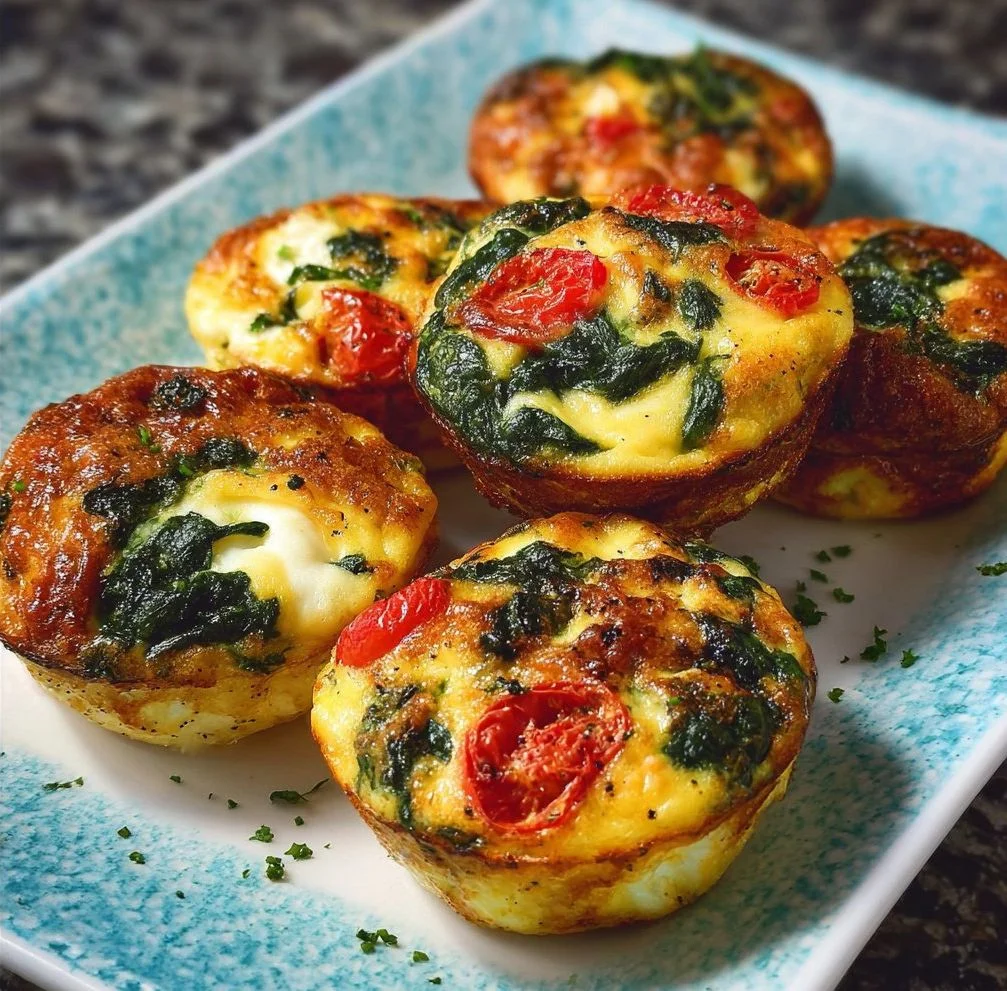 Koolhydraatarme ei-muffins met spinazie, tomaat en mozzarella op een bord