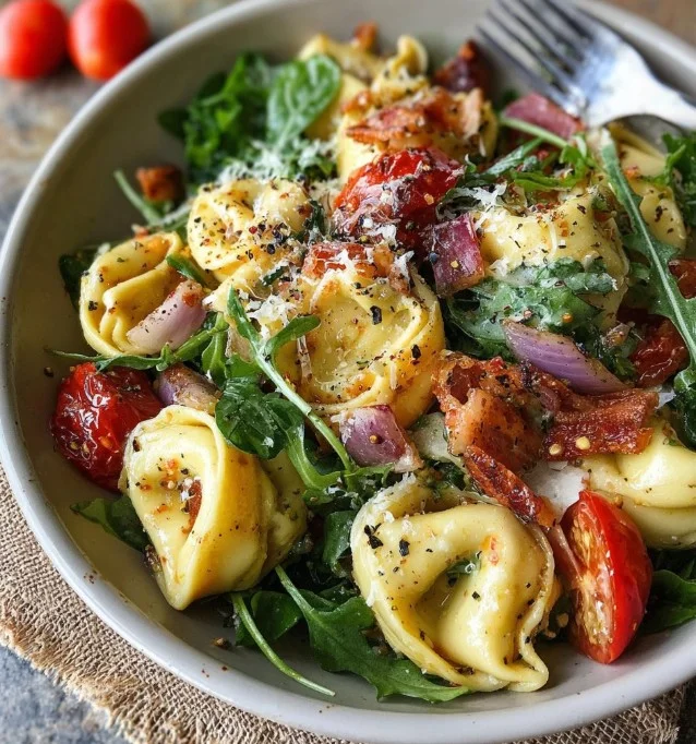 Heerlijke Mediterrane tortellini-salade met verse ingrediënten.