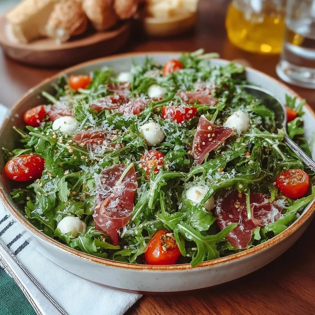 Heerlijke Salade met Rucola en Italiaanse Dressing op een bord.