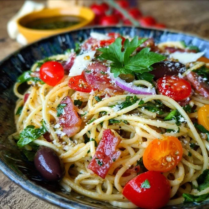 Heerlijke spaghettisalade met frisse groenten en dressing