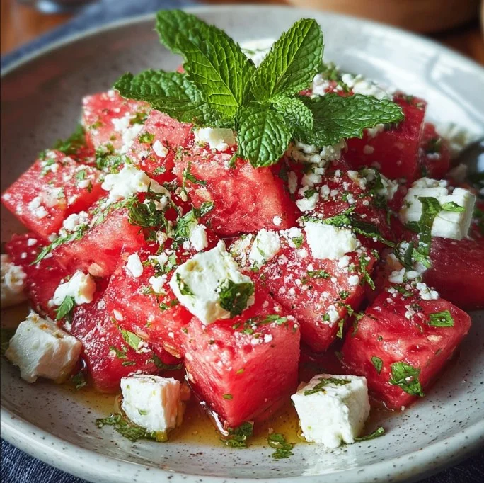 Verfrissende Watermeloen-Feta-salade met munt op een bord
