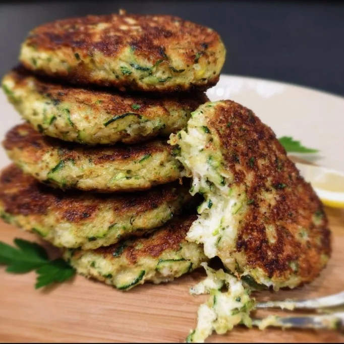 Courgette burgers met Parmezaanse kaas op een bord geserveerd.