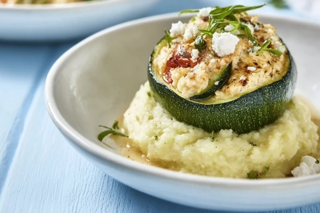 Gevulde courgettes met aardappelpuree geserveerd op een bord.