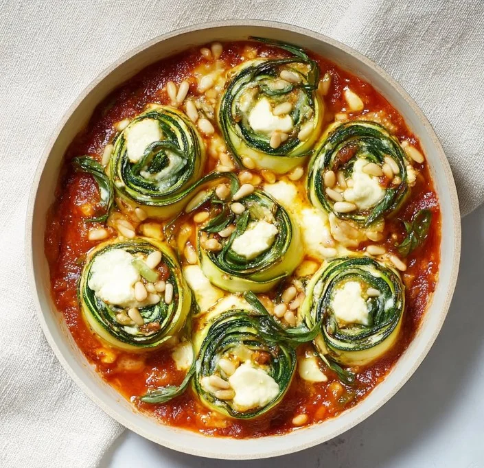 Ovenschotel met gevulde courgette rollen gevuld met spinazie en ricotta