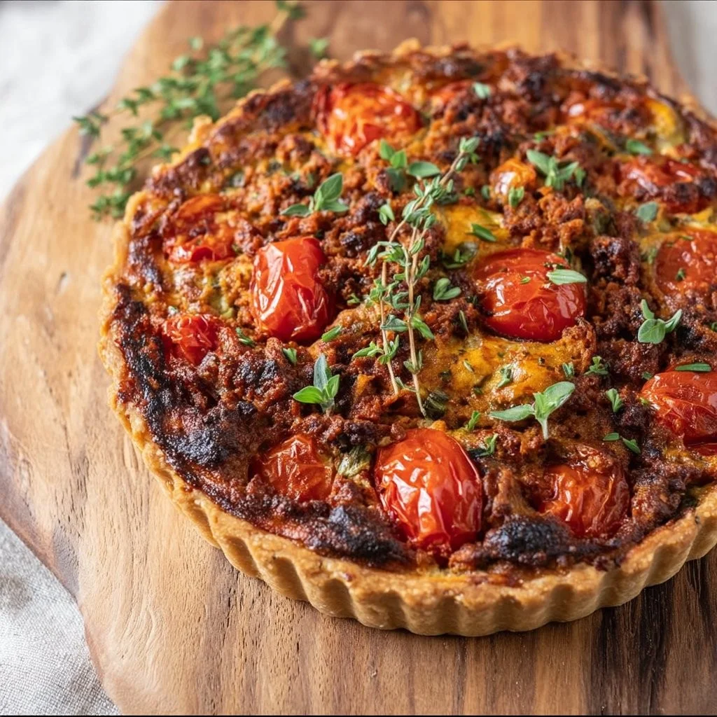 Heerlijke Bolognese quiches met rijke smaken op een witte achtergrond.