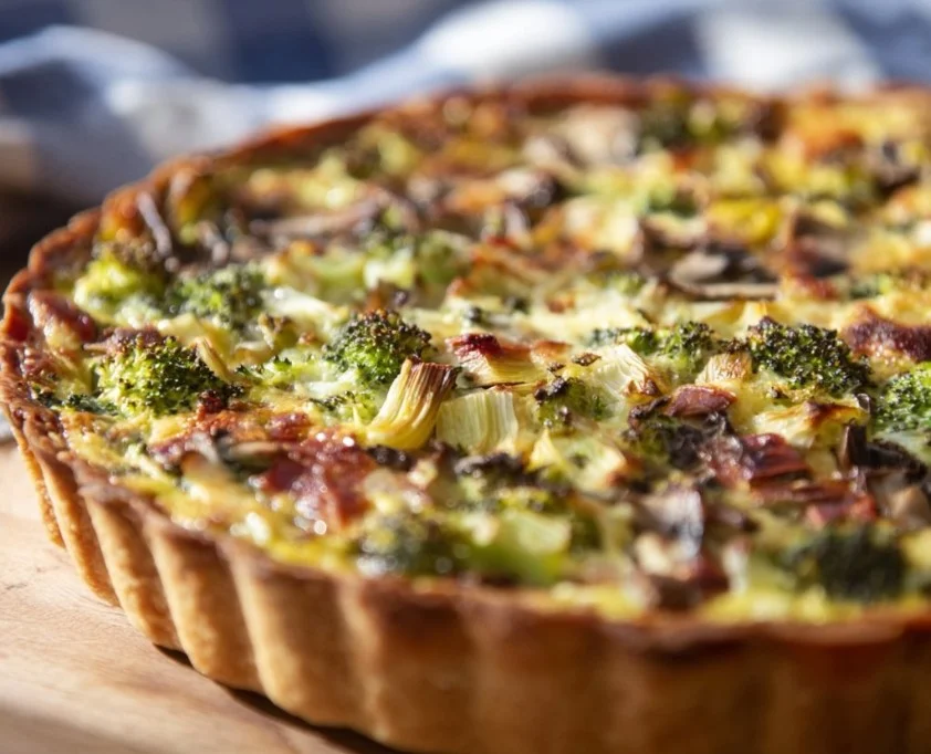 Quiche met prei, broccoli en champignons, een heerlijke maaltijd.
