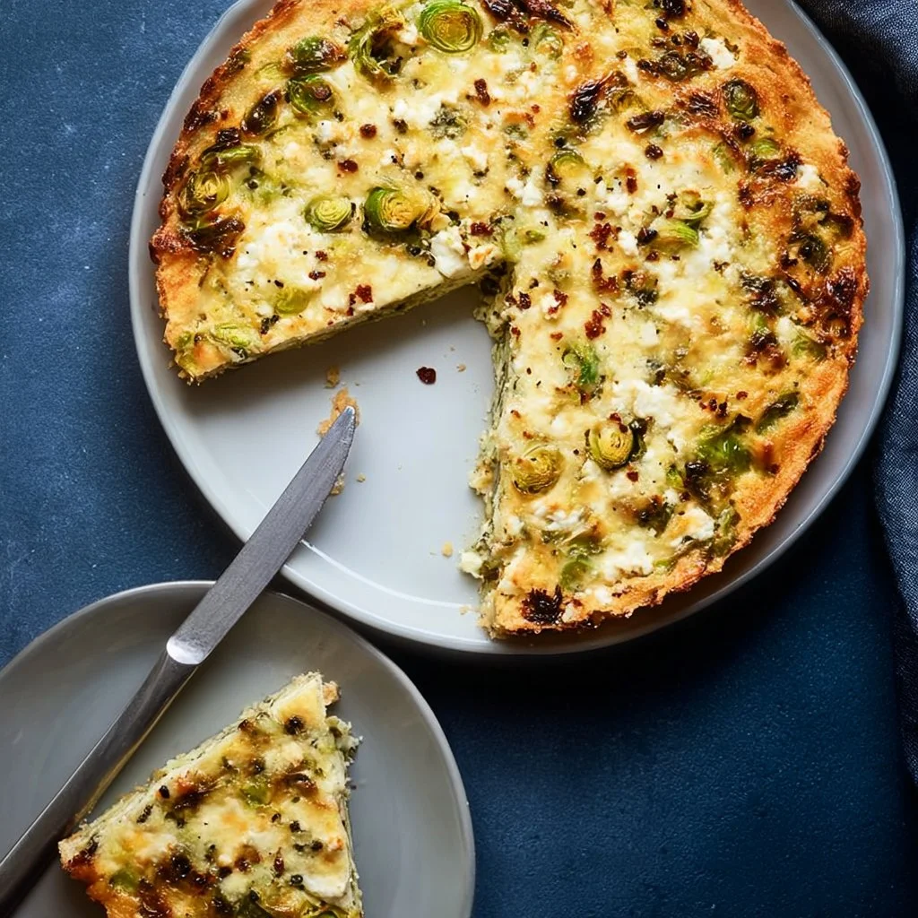 Quiche met spruitjes, feta en chili op een bord