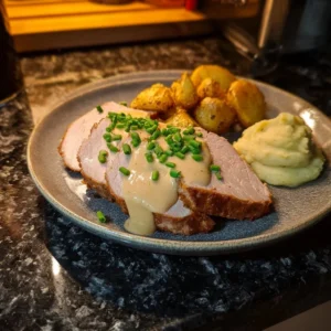 Beenham met Honing-Mosterdsaus en Perzikglazuur op een bord