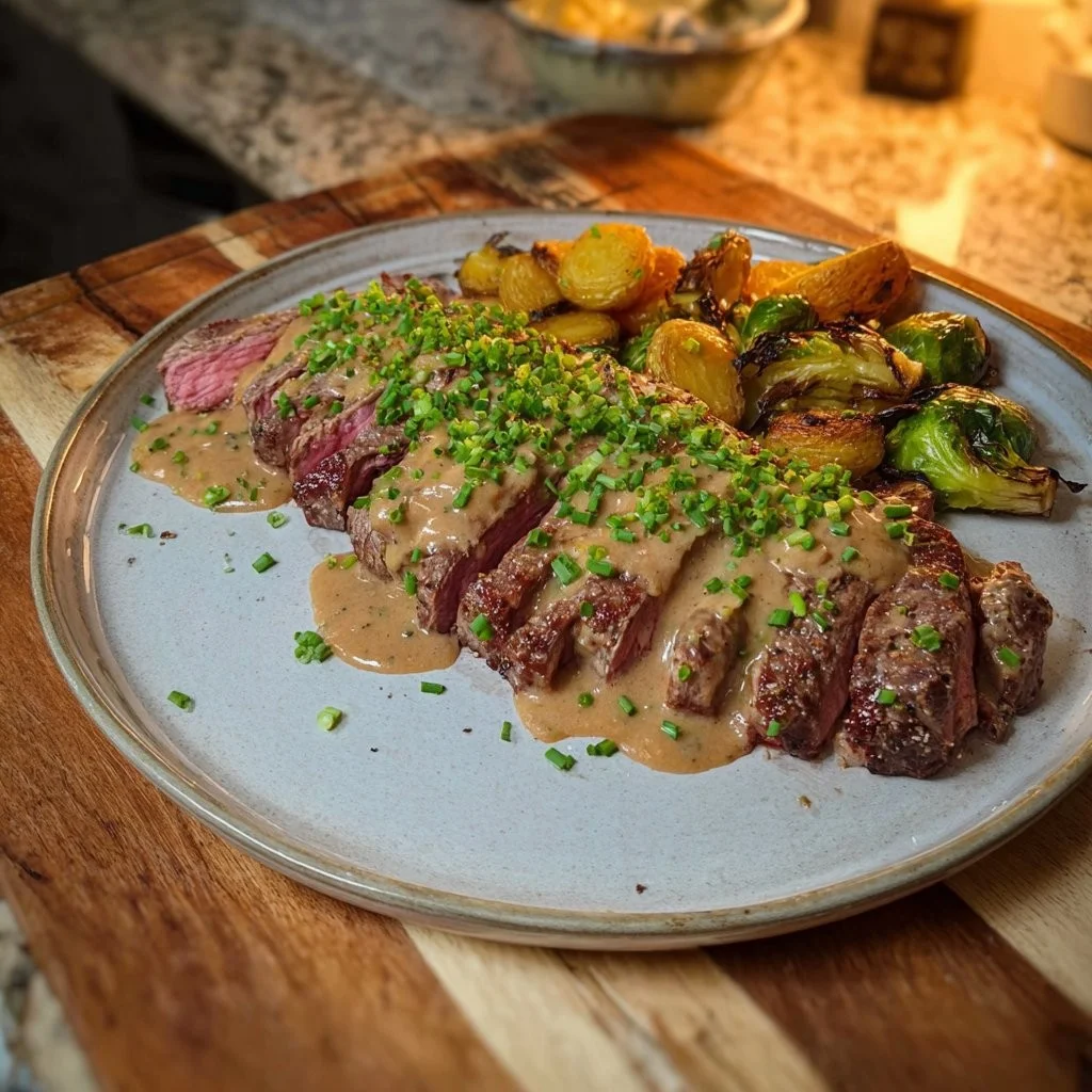 Sappige entrecôte met pepersaus op een bord