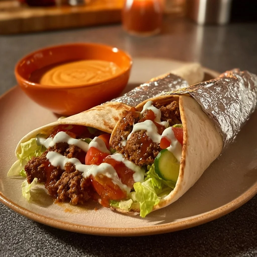 Heerlijke flatbread met gekruid gehakt op een bord.