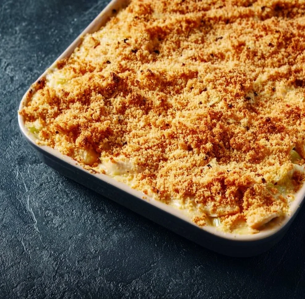 Gezonde ovenschotel met kip en prei, klaar om te serveren.