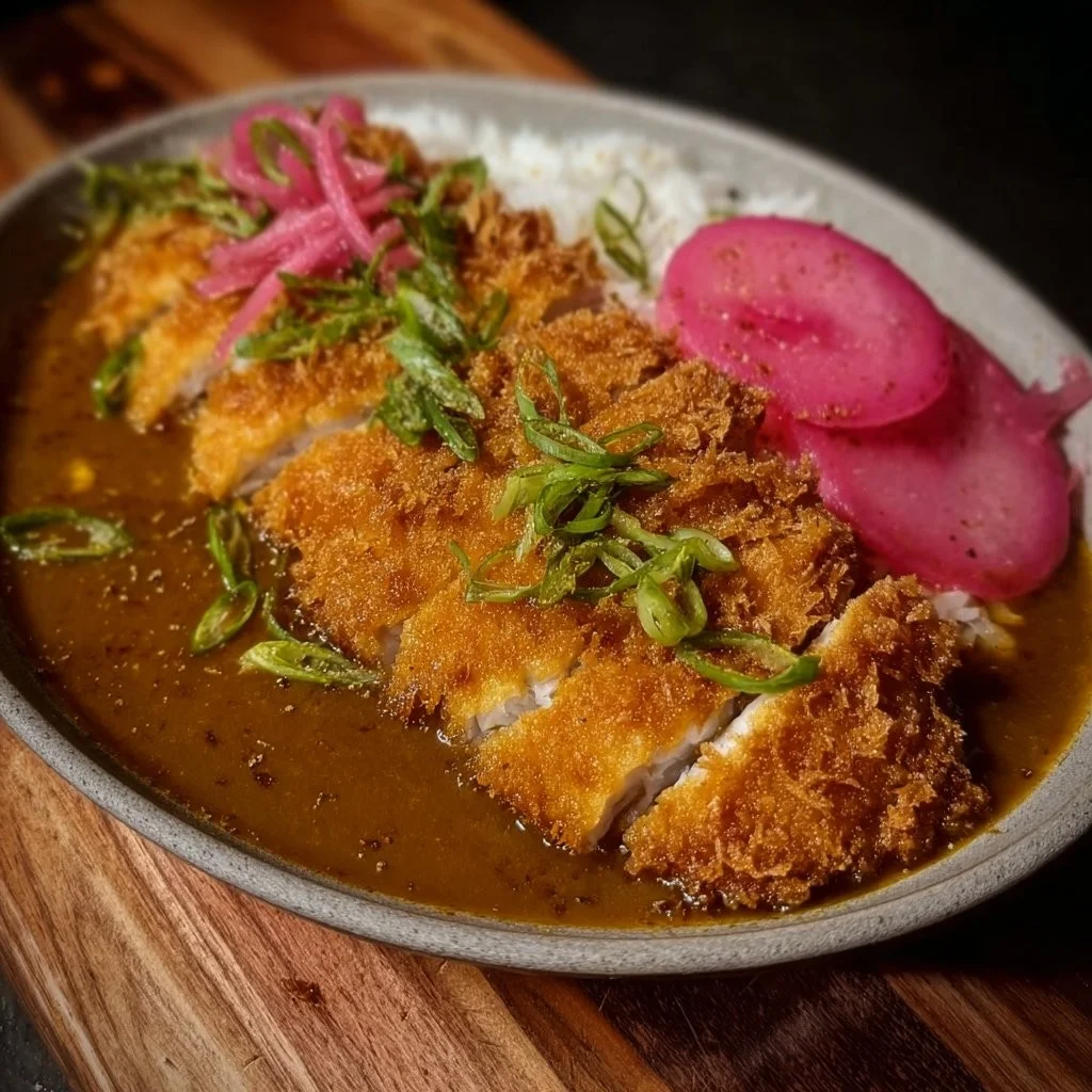 Een bord Katsu Curry met krokante kip en romige curry sauce