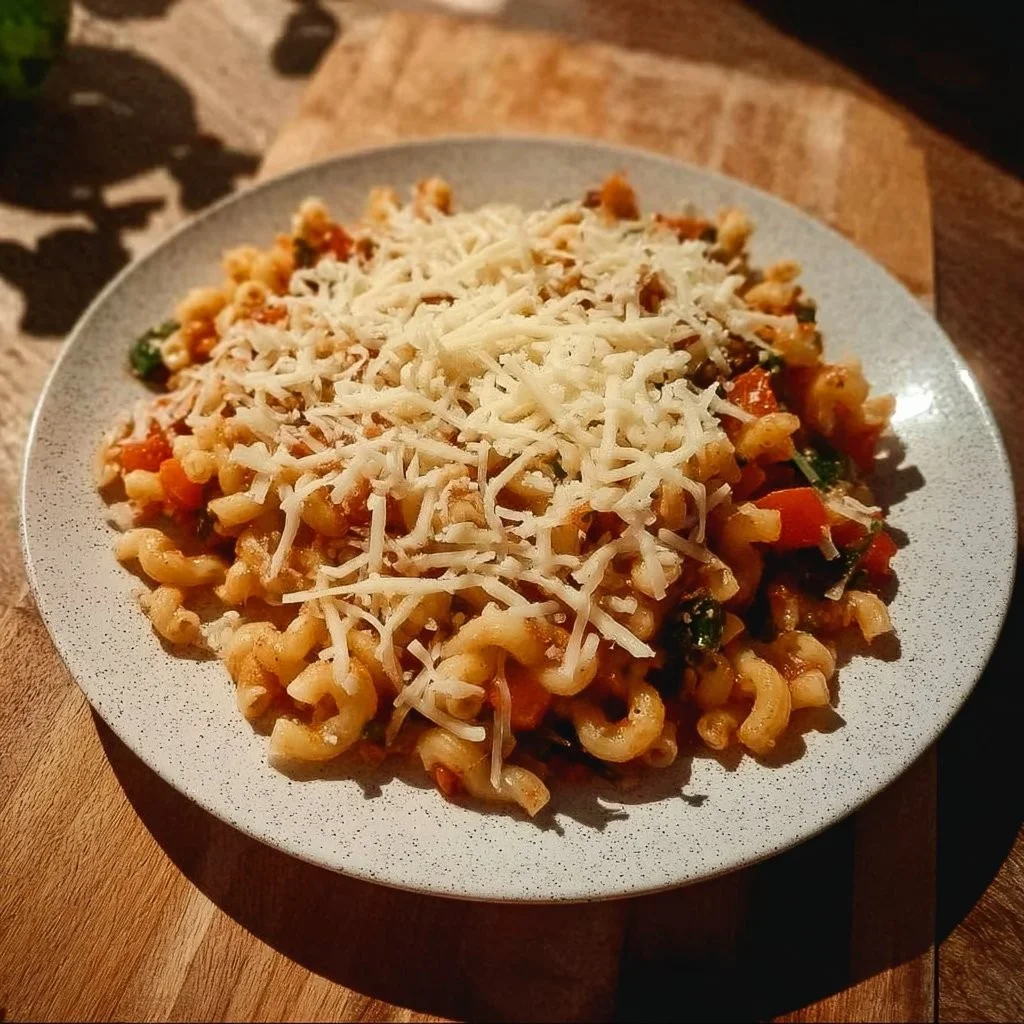 Heerlijke macaroni met tomatensaus op een bord