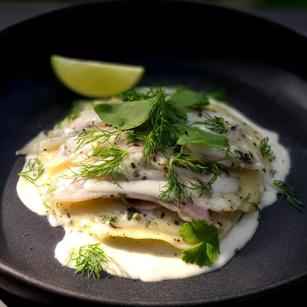 Open lasagne met gerookte paling en kruidensaus, een culinair hoogstandje.