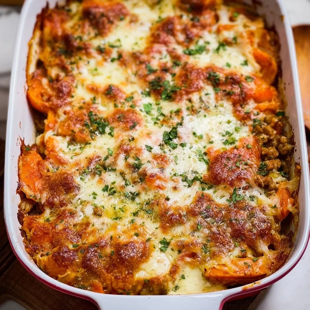 Ovenschotel met zoete aardappel, gehakt en kaas, bereid in een ovenschaal