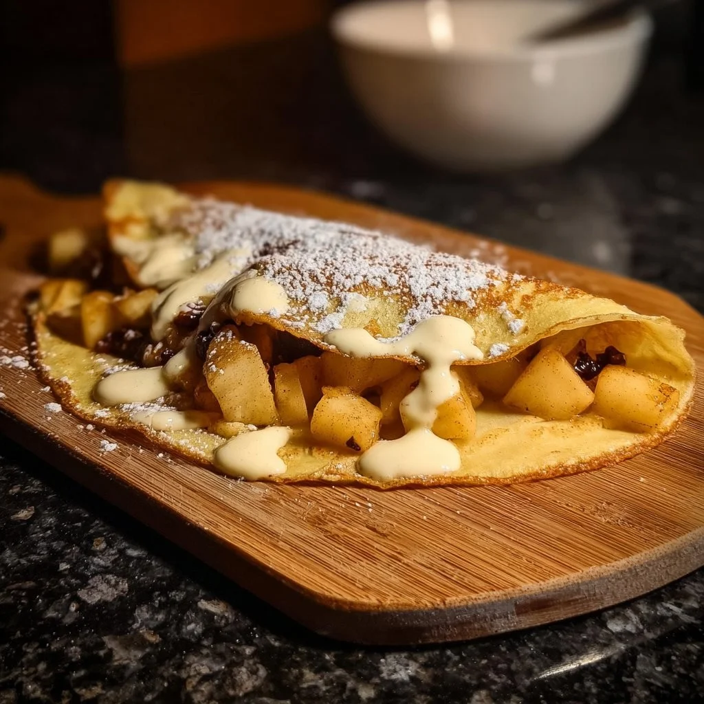 Pannenkoek met gebakken appel en vanillesaus op een bord