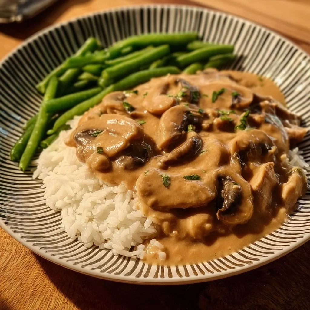 Heerlijke ragout met kip en paddenstoelen op een serveerschaal