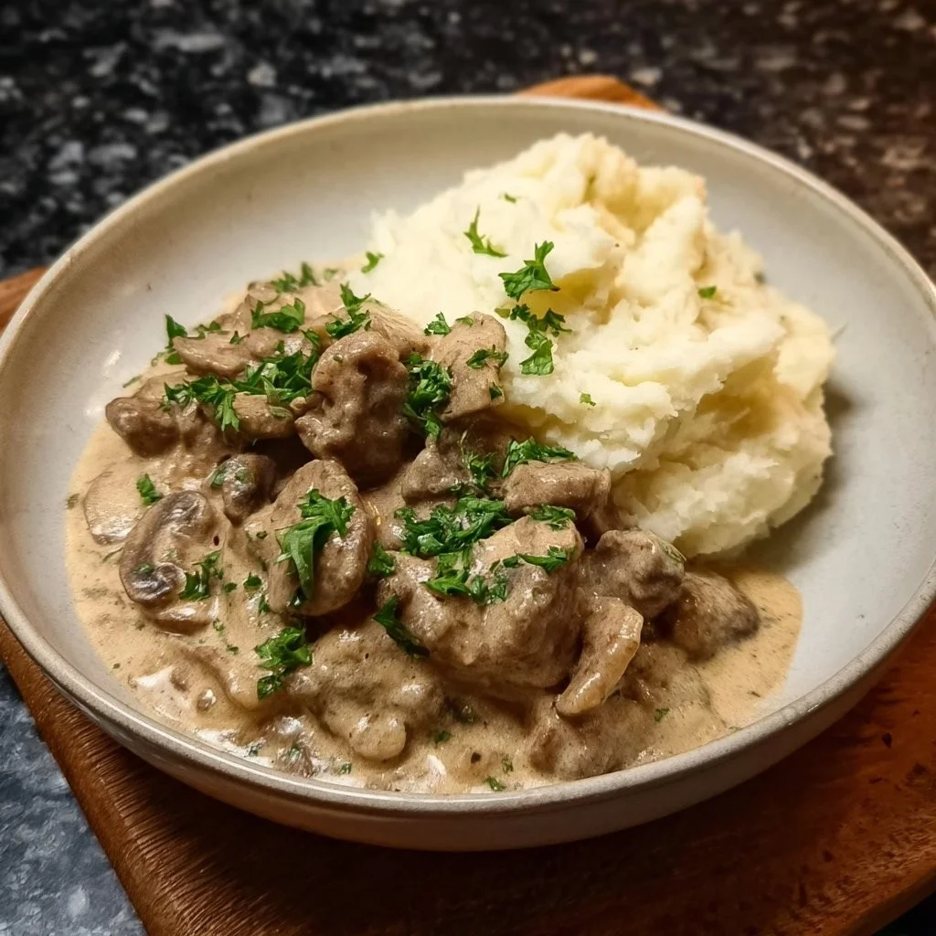 Heerlijk bord stroganoff met biefstuk, geserveerd met pasta en groenten.