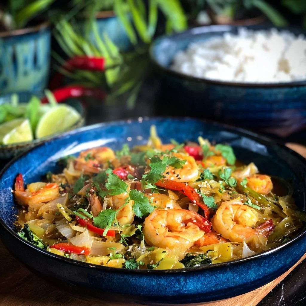 Thaise roerbak garnalen in kerriesaus met kleurrijke groenten