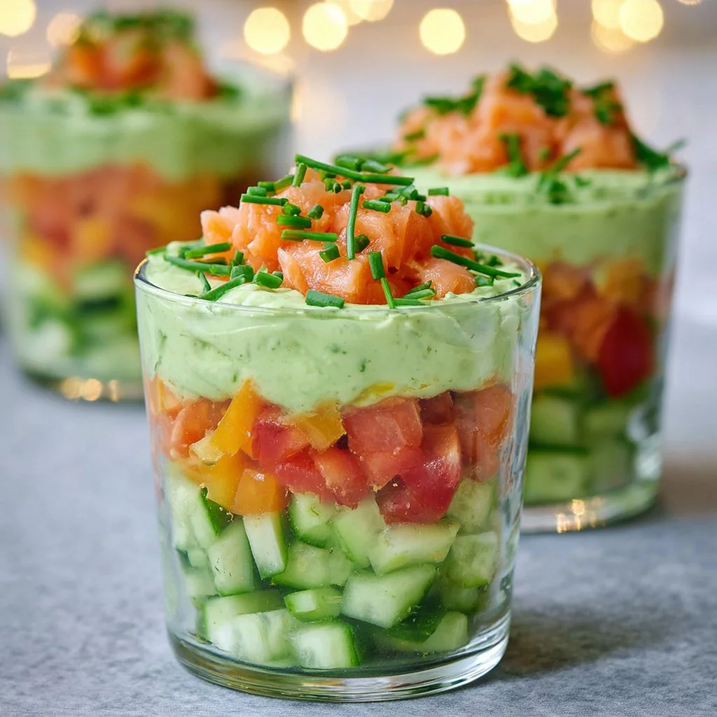 Zalm tartaar met komkommer en avocado-kruidenmousse op een bord