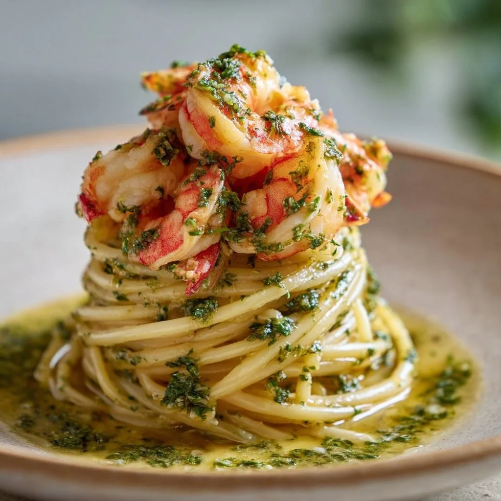Garnalen met Spaghetti in een romige knoflooksaus