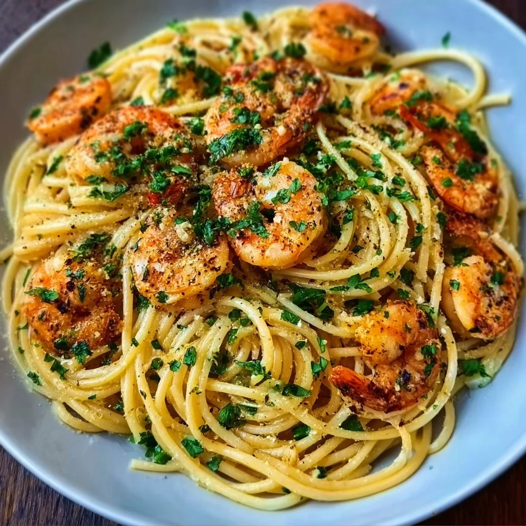 Romige pasta met knoflookboter en malse garnalen op een bord