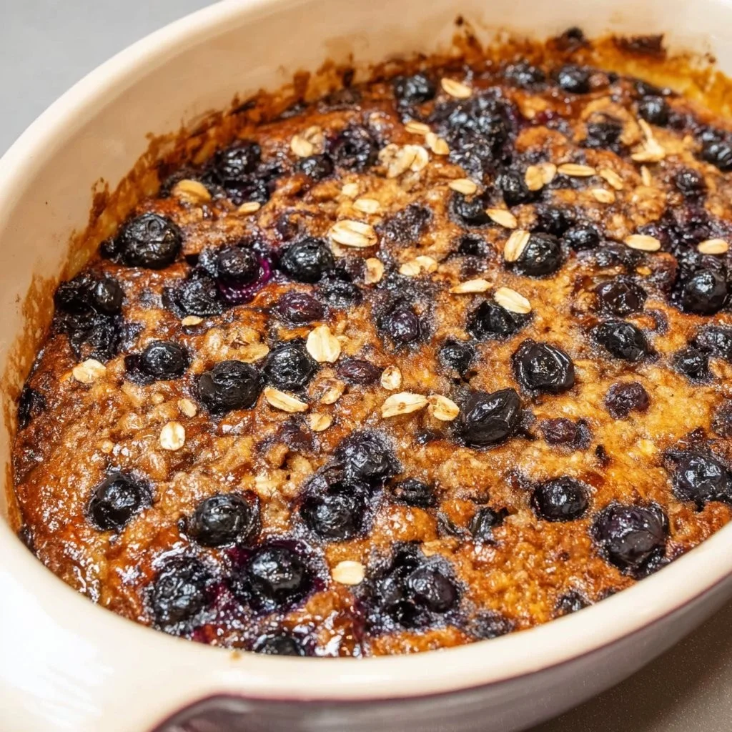 Blauwe Bes Gebakken Havermout met gezonde ingrediënten en toppings