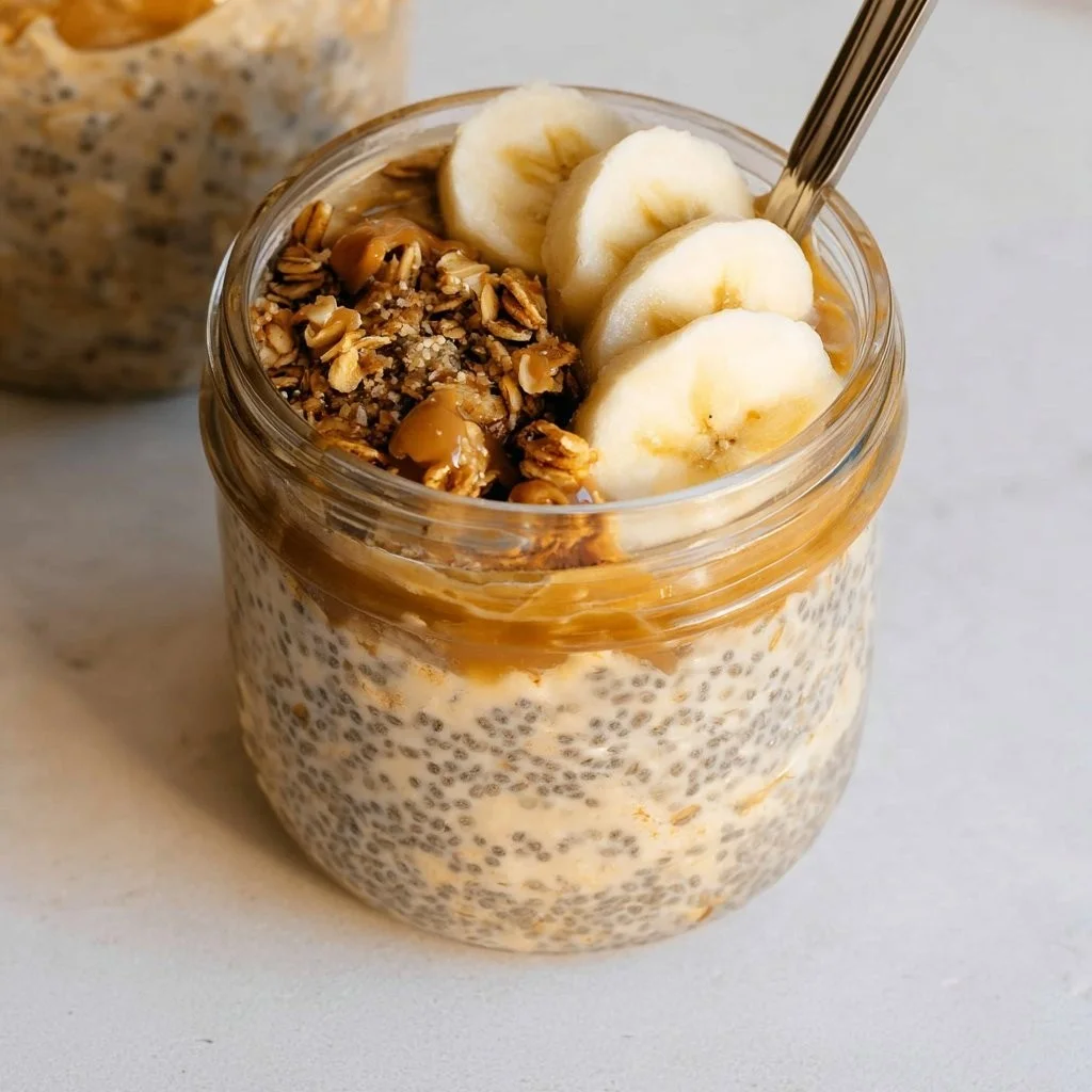 Bruine suiker overnight havermout met fruit en noten als gezonde ontbijtoptie