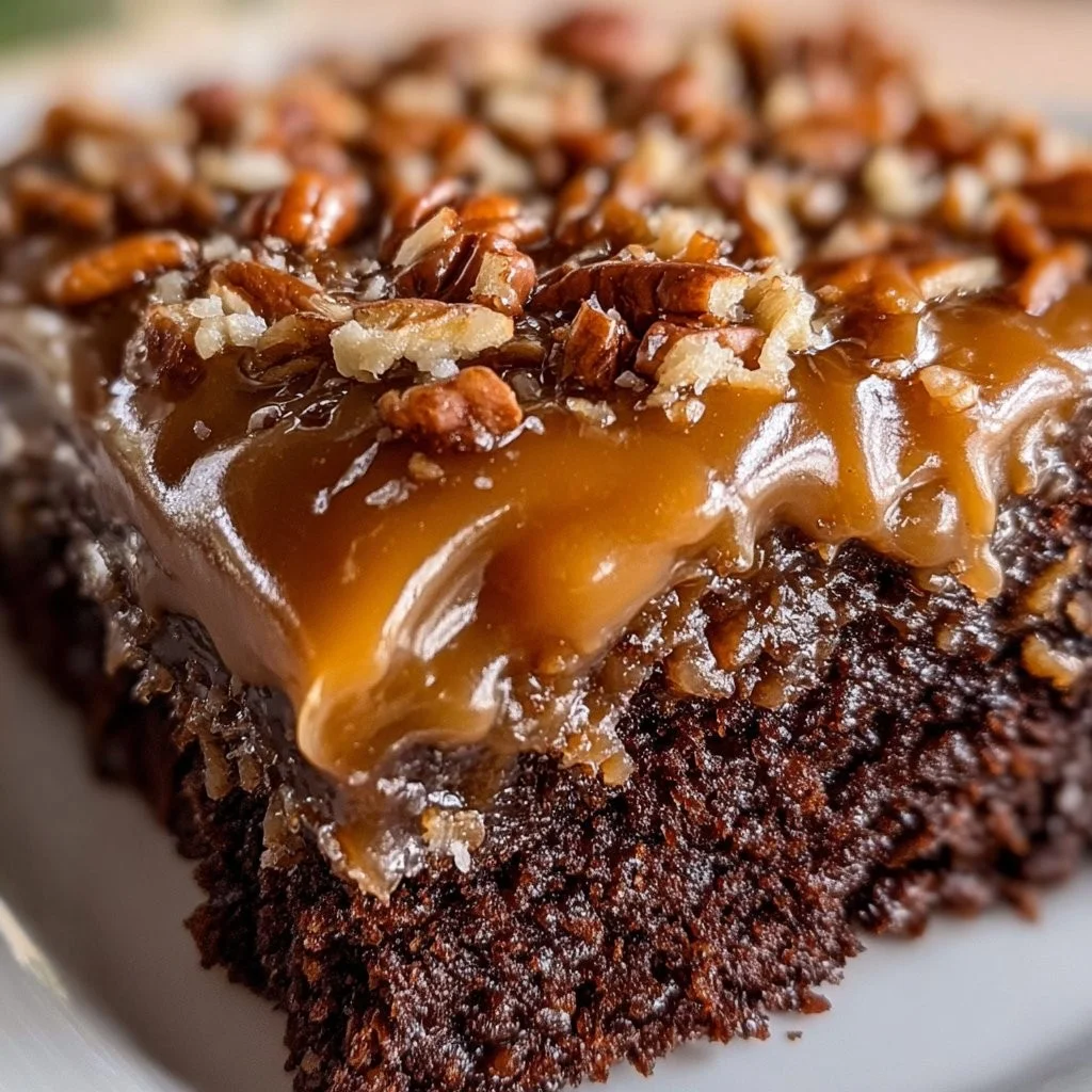 Duitse chocolade poke cake met een rijke chocolade topping en decoratie.