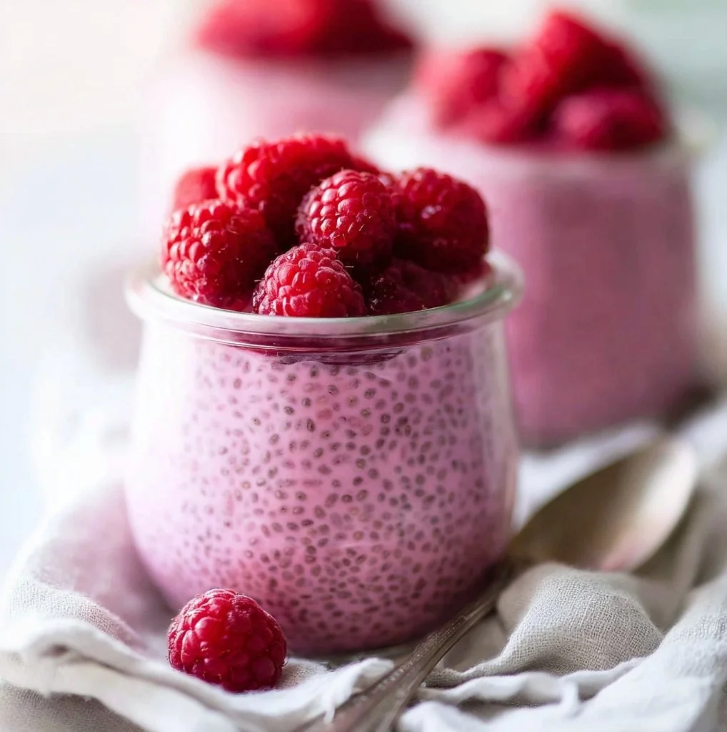 Gezonde frambozen chia pudding gezoet met ahornsiroop