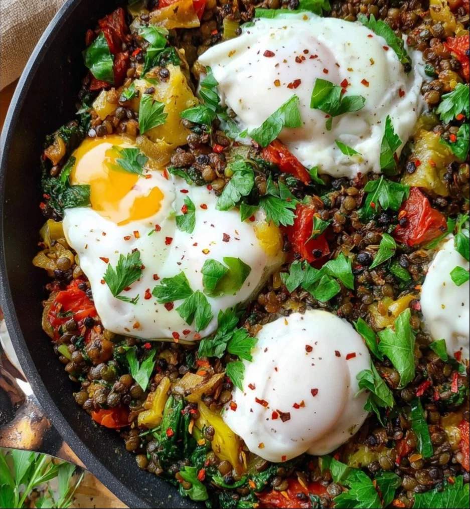 Gepocheerde eieren met linzen hash op een bord