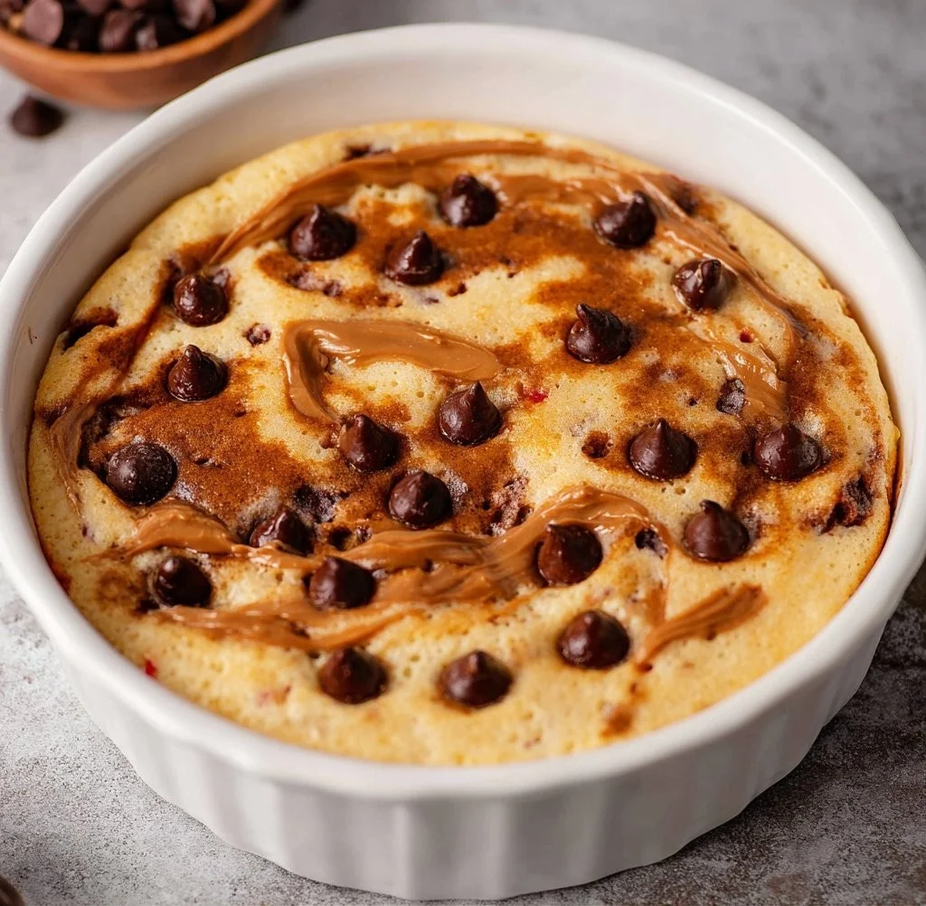 Gepofte eiwitpannenkoek kom met gezonde ingrediënten en toppings.