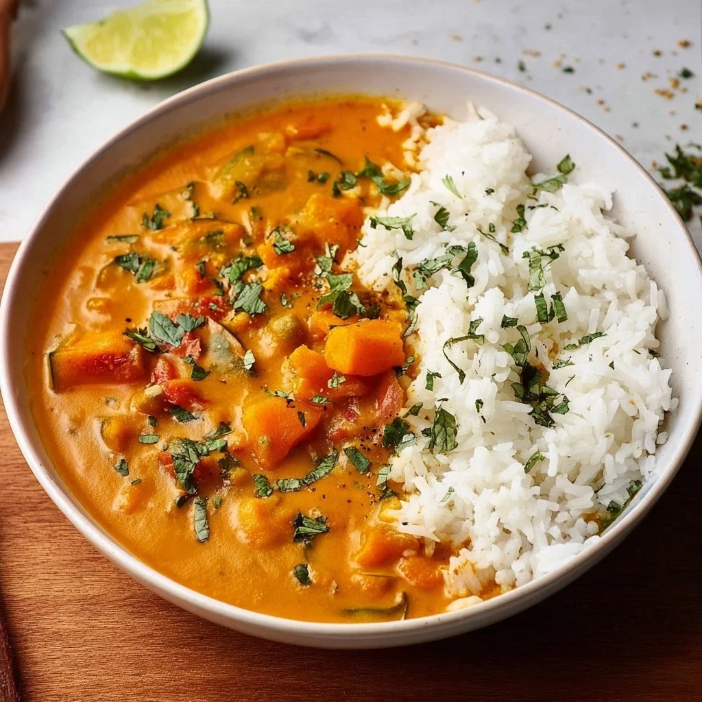 Heerlijke Indiase Pompoencurry geserveerd met rijst en kruiden.