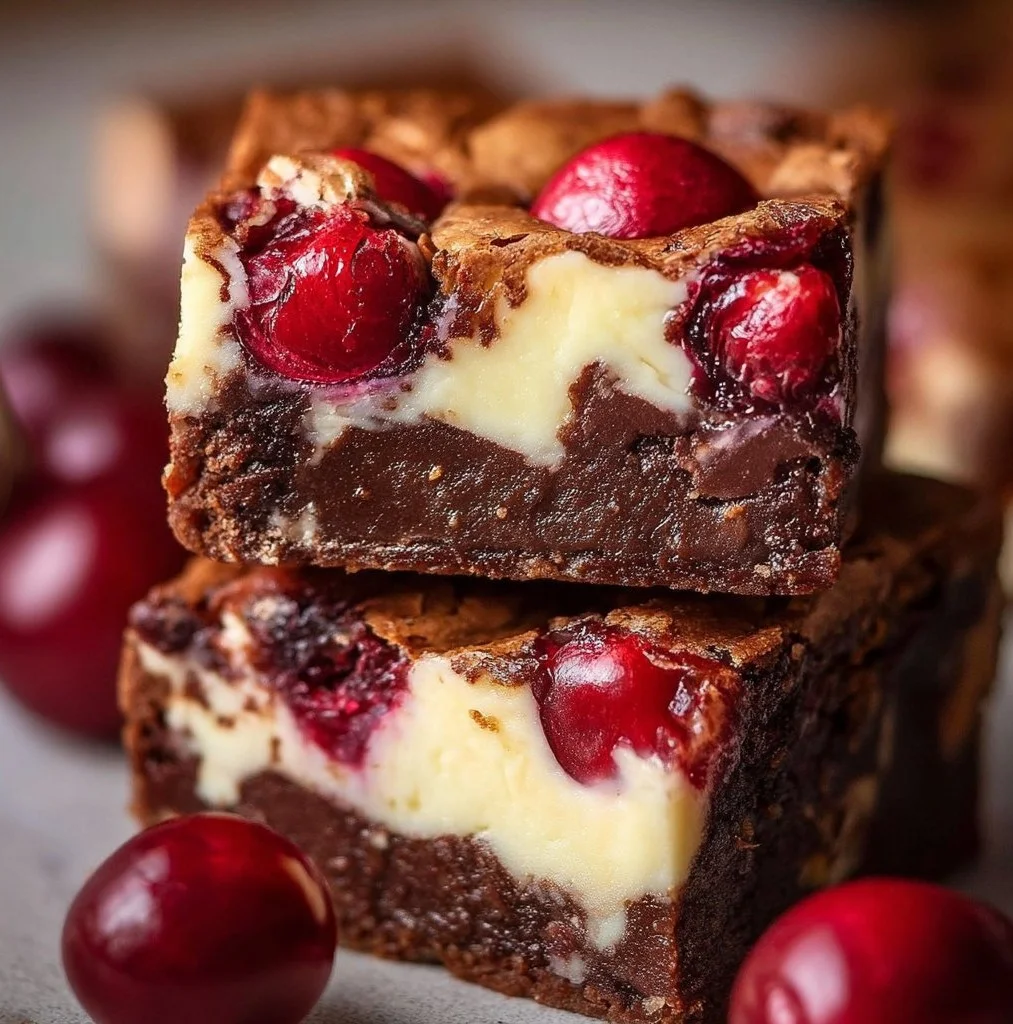 Heerlijke Kersencakedessert brownies met chocolade en kersen.