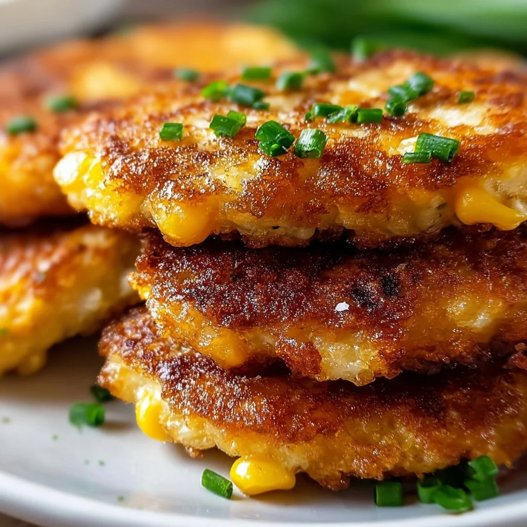Krokante cheddar aardappelbeignets met maïs op een bord