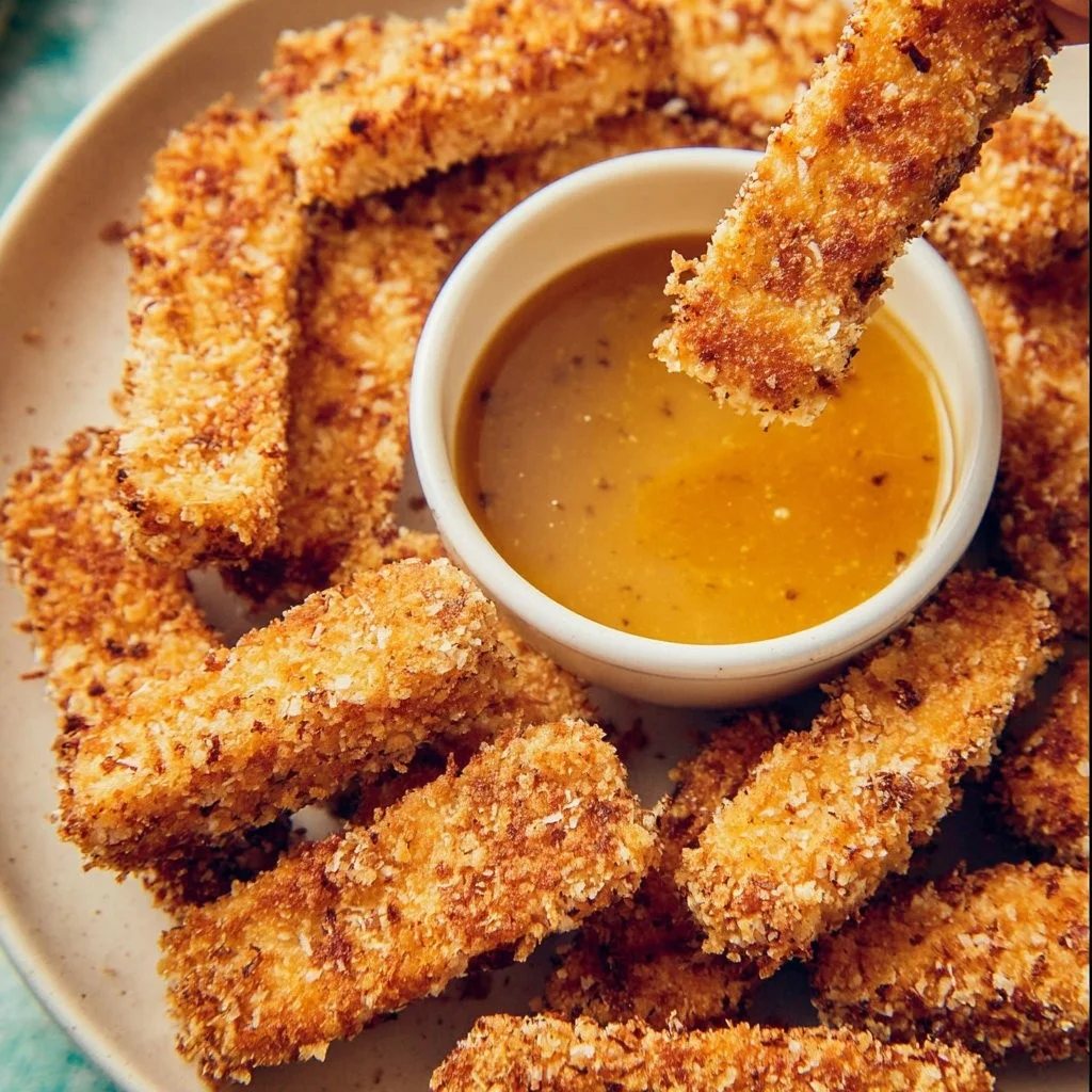 Krokante tofu sticks met honing mosterd, bereid in de airfryer.