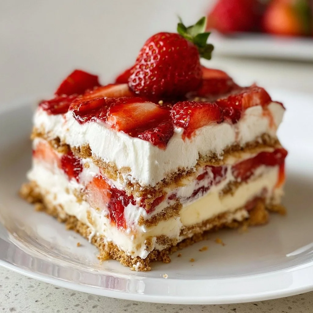 Verfrissende No-Bake Aardbeien IJstaart met verse aardbeien en slagroom