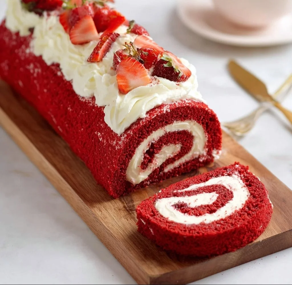 Versgebakken rode fluweelrolcake met roomvulling en decoratie.
