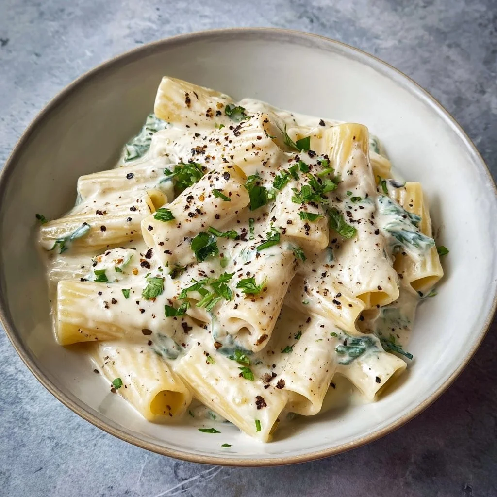 Romige Spinazie Rigatoni met kaas en verse kruiden