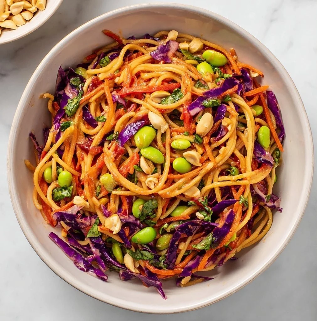 Thaise pindakaassalade met pasta, een smakelijk en eenvoudig recept.