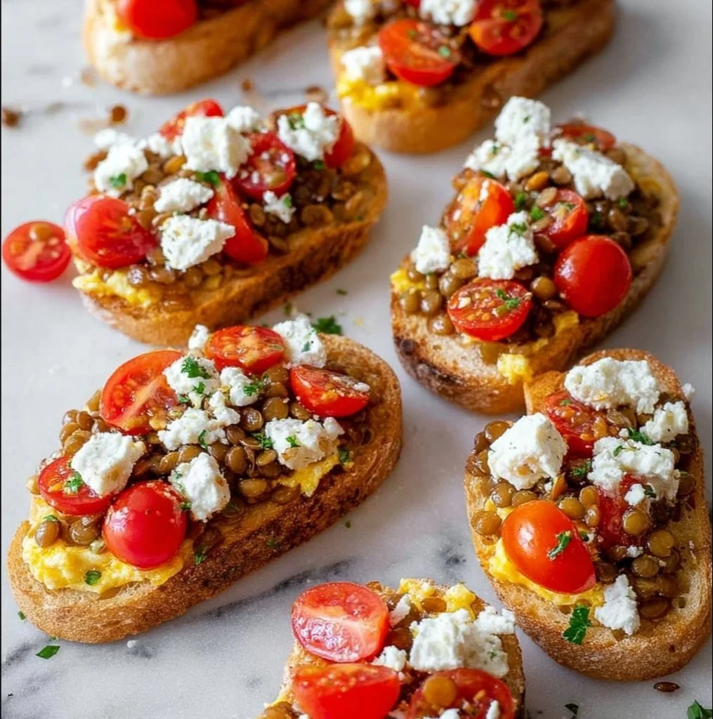 Ontbijt bruschetta met tomaat en linzen op een houten tafel