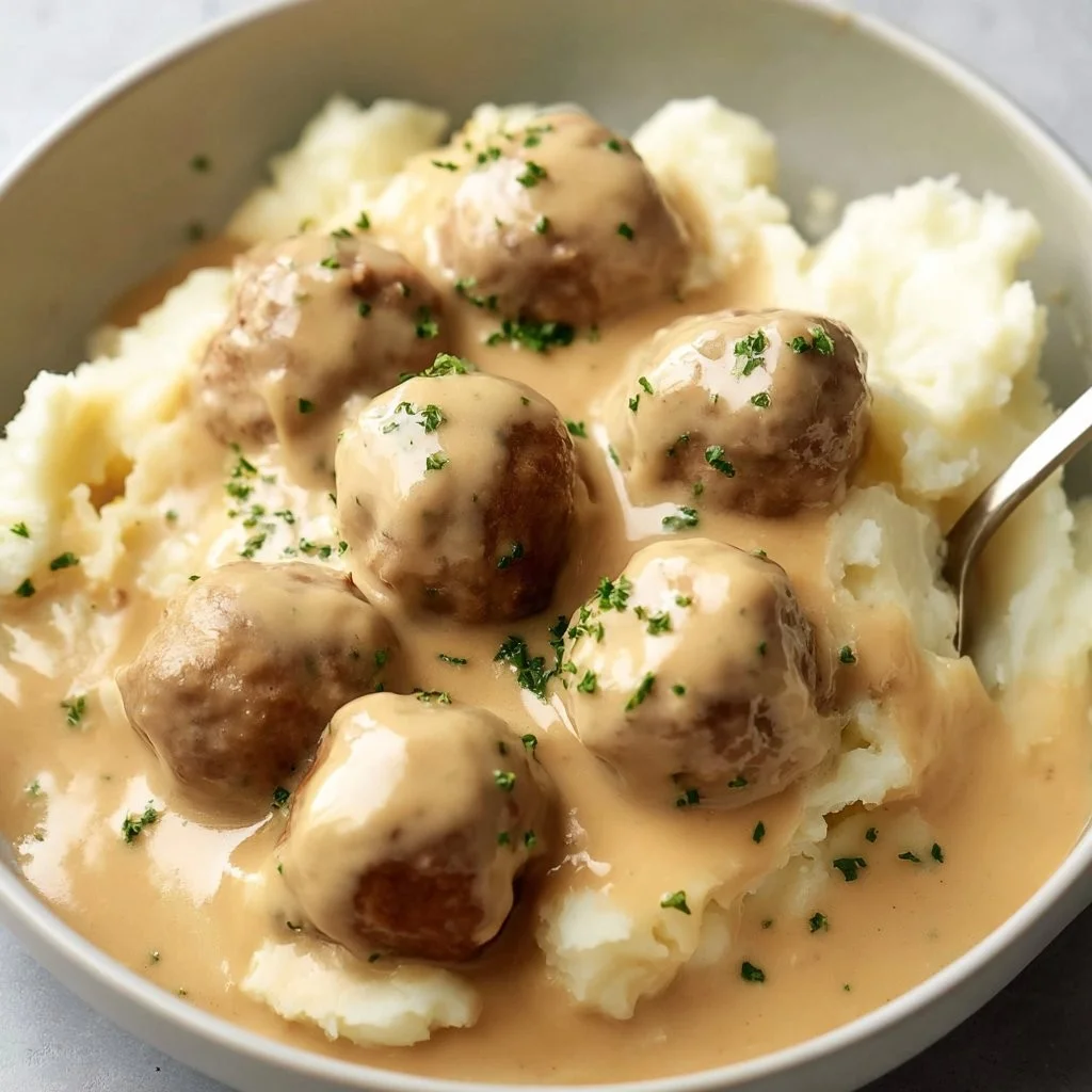 Vegan Zweedse Gehaktballetjes op een bord, geserveerd met saus.