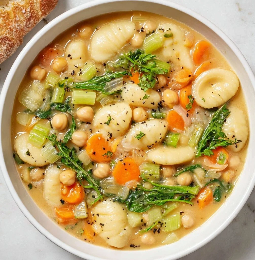 Veganistische kikkererwten gnocchi soep in kom met verse kruiden