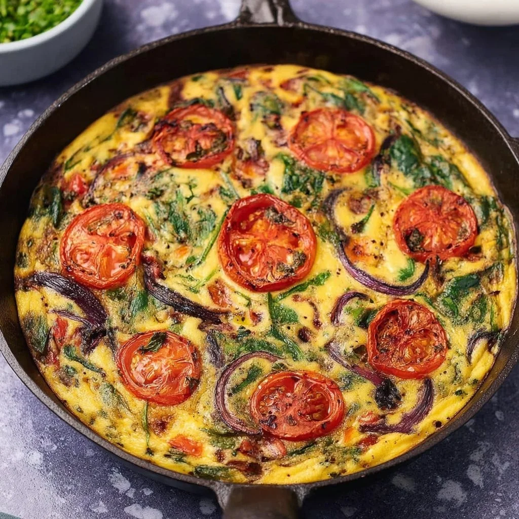 Kleurige veganistische frittata met groenten en kruiden op een bord