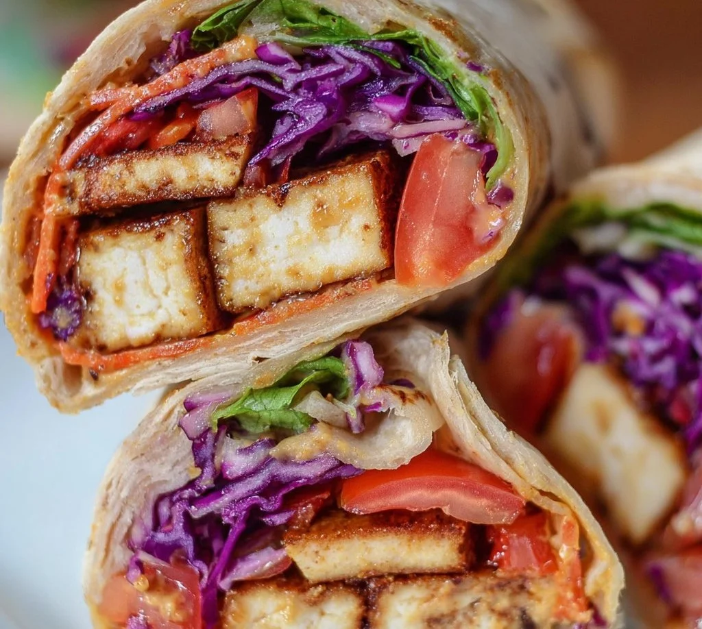 Veganistische honing mosterd tofu wraps op een bord, rijk aan smaak en voeding.